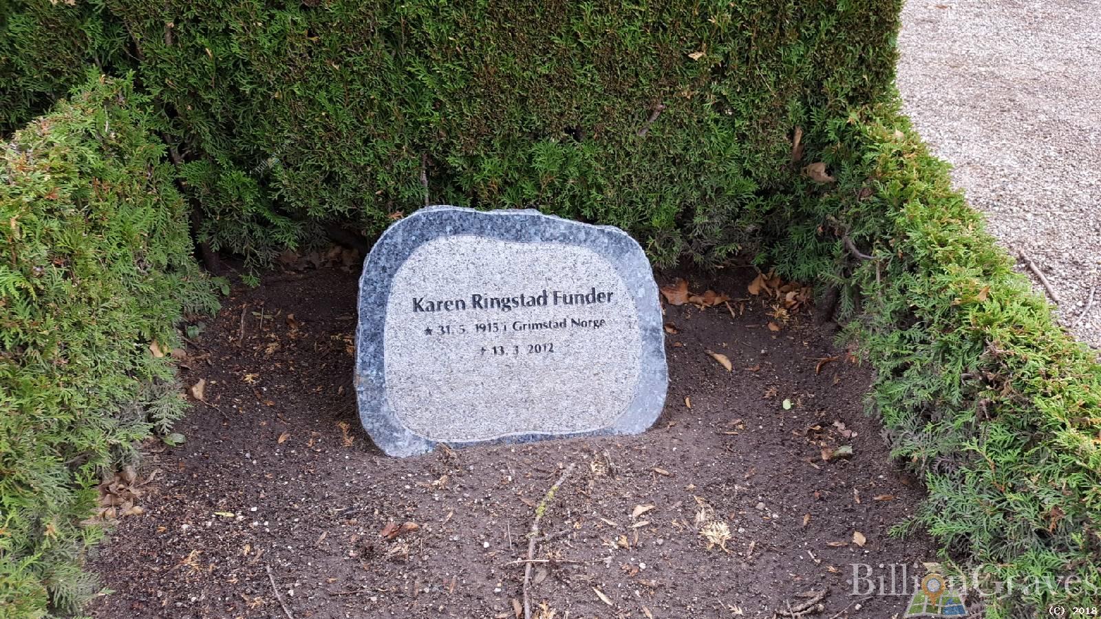 Tombstone marking the grave of Karen Funder (Ringstad) who lived 31 May 1915 - 13 Mar 2012, located in Ballerup, Ballerup Municipality, Capital Region of Denmark, Denmark at Ballerup kirkegård