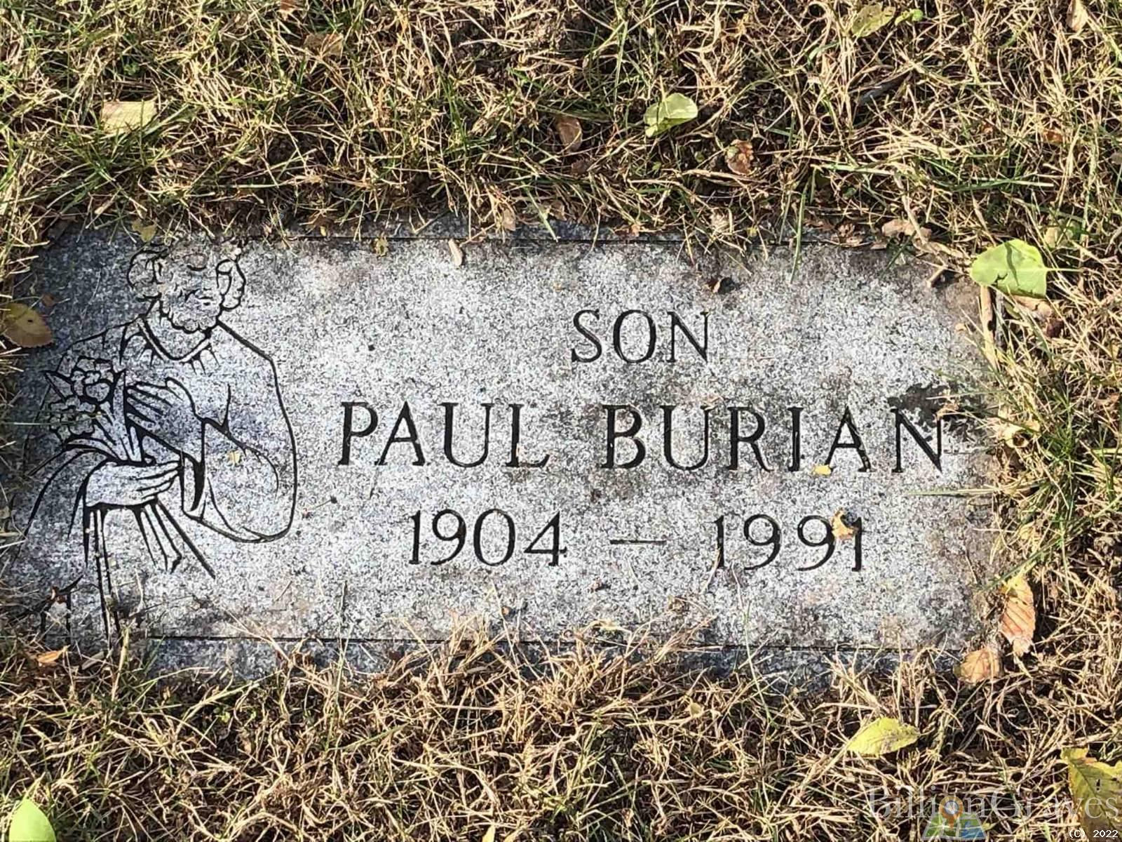 Burial marker for Paul Burian (1904 - 1991), interred at Faith Presbyterian Church Cemetery in Hopkins, Hennepin, Minnesota, United States